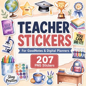 Puede incluir: Una colección de pegatinas digitales titulada TEACHER STICKERS For GoodNotes & Digital Planners 207 PNG Stickers. El conjunto presenta ilustraciones en acuarela de un globo terráqueo, estrella, birrete, trofeo, cinta, libros, microscopio, marcadores, pintura, café y un escritorio.