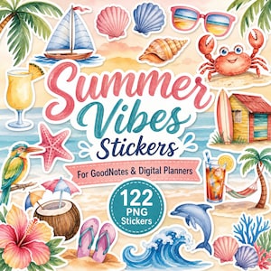 122 Summer Vibes Goodnotes Digital Planner Stickers, Goodotes Hot Summer Holiday Digital Stickers, Precropped Stickers iPad Vacation