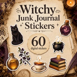 Könnte beinhalten: Ein Set aus 60 digitalen Aufklebern mit der Aufschrift Witchy Junk Journal Stickers, die eine schwarze Katze, eine lila Zaubertrankflasche, einen dampfenden schwarzen Kessel, eine goldene Flasche, dunkle Beeren, eine Teetasse und Bücher zeigen.