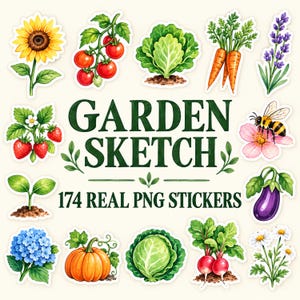 Könnte beinhalten: Eine Sammlung von Garten-Aufklebern mit einer Sonnenblume, Tomaten, Salat, Karotten, Lavendel, Erdbeeren, einer Biene auf einer Blume, einem Keimling, einer Aubergine, Hortensien, einem Kürbis, Kohl, Radieschen und Gänseblümchen mit dem Text GARDEN SKETCH 174 REAL PNG STICKERS.
