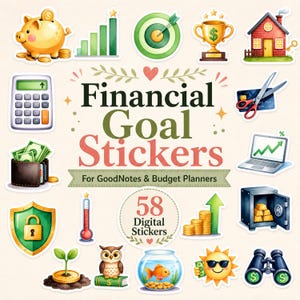 Könnte beinhalten: Eine Sammlung von 58 digitalen Stickern mit Finanzsymbolen, darunter ein Sparschwein, ein Taschenrechner, ein Pokal, ein Haus, eine zerschnittene Kreditkarte, ein Laptop, ein Tresor mit Goldbarren, eine Eule, ein Goldfischglas und eine Sonne.