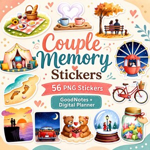Couple Stickers, Love Stickers, Romantic Stickers, Digital Planner Stickers, GoodNotes Stickers, 56 PNG Anniversary Memory Sticker Pack