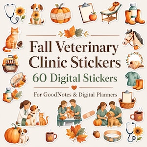 Puede incluir: Una colección de 60 pegatinas digitales con ilustraciones de una clínica veterinaria con temática otoñal, incluyendo animales, equipo médico, calabazas y hojas, con el texto Fall Veterinary Clinic Stickers 60 Digital Stickers For GoodNotes & Digital Planners.