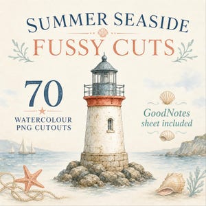 Könnte beinhalten: Eine digitale Grafik mit einem Aquarell-Leuchtturm auf einem felsigen Sockel, umgeben von Muscheln, einem Seestern und Segelbooten. Der Text lautet: SUMMER SEASIDE FUSSY CUTS, 70 WATERCOLOUR PNG CUTOUTS und GoodNotes sheet included.