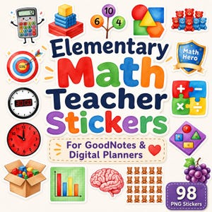 May include: A collection of digital stickers featuring the text Elementary Math Teacher Stickers For GoodNotes & Digital Planners. Includes illustrations of a calculator, geometric shapes, bears, a target, clocks, a puzzle, a brain, and a bar graph.