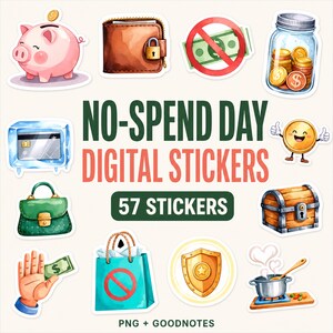 No Spend Day Digital Sticker Bundle 57 Savings Challenge Goodnotes Stickers Precropped PNG iPad Planner Stickers Budget Instant Download PDF