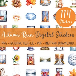 Könnte beinhalten: Ein Set mit 114 digitalen Stickern mit Herbst- und Regenmotiven. Die Sticker enthalten Bilder von Blättern, Fenstern, Regen, einem Eichhörnchen, einer Schaukel, einem Kamin, einer Tasse Kaffee, einer Sonnenblume, einer Bank, einer Straße und vielem mehr. Die Sticker sind perfekt, um deinen digitalen Planer, Notizen oder andere digitale Projekte mit einem Hauch von Herbst zu versehen.