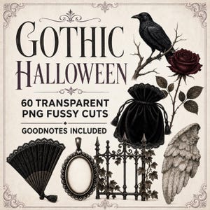 Peut inclure: Une collection numérique intitulée GOTHIC HALLOWEEN 60 TRANSPARENT PNG FUSSY CUTS GOODNOTES INCLUDED. L'image présente un corbeau noir sur une branche, une rose rouge foncé, une pochette noire à cordon, un éventail noir, un cadre ovale, une grille et une aile.