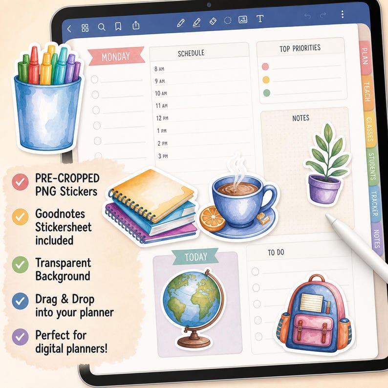 May include: A digital planner interface displaying a weekly schedule with sections for top priorities, notes, and to-do lists. The screen features various sticker illustrations including a pencil cup, stacked notebooks, a coffee cup, a potted plant, a globe, and a backpack.