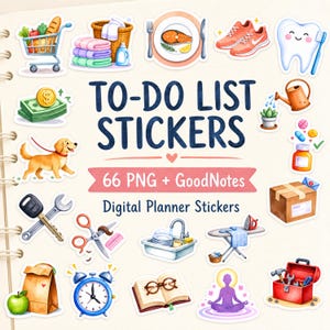 Könnte beinhalten: Eine Sammlung digitaler Planer-Sticker mit Illustrationen von einem Einkaufswagen, Wäsche, Essen, Turnschuhen, einem Zahn, Geld, einem Hund, einer Gießkanne, Medikamenten, einem Schlüssel, einer Schere, einem Waschbecken, einem Bügeleisen, einem Paket, einer Tasche, einer Uhr, einem Buch und einem Werkzeugkasten.