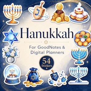 Könnte beinhalten: Ein digitales Sticker-Set für Chanukka mit 54 Illustrationen, darunter eine goldene Menora, Dreidels, Schokomünzen, Krapfen, ein blauer Davidstern, ein Blumenstrauß in Blau und Weiß, eine Schneekugel und ein blauer Beutel mit Kordelzug.