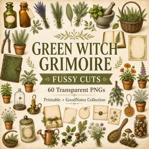 Könnte beinhalten: Eine digitale Sammlung von 60 Green Witch Grimoire Fussy-Cut-PNGs mit botanischen Illustrationen, Kräutern, Apothekergläsern, Büchern, Gartengeräten und rustikalen Schreibwarenelementen auf einem Hintergrund im Pergament-Stil mit Text.