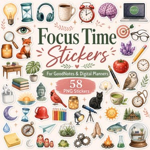 Focus Time Stickers Digital, Productivity Planner Stickers, Study Work PNG Stickers for GoodNotes