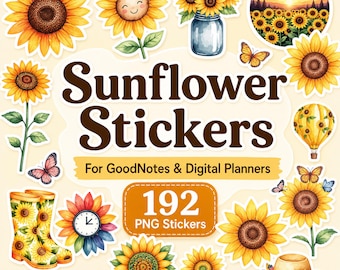 Pode incluir: Uma coleção de adesivos digitais de girassóis com várias ilustrações, incluindo flores individuais, um buquê em um pote, um balão de ar quente, galochas, um chapéu de sol e borboletas, com o texto Sunflower Stickers For GoodNotes & Digital Planners 192 PNG Stickers.