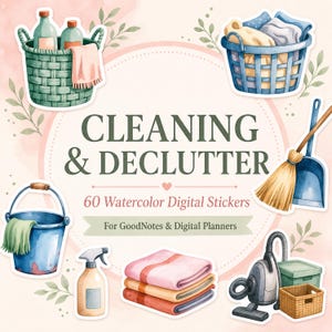 Könnte beinhalten: Ein Set aus 60 digitalen Aquarell-Stickern mit der Aufschrift CLEANING & DECLUTTER für GoodNotes & Digital Planners. Die Sticker zeigen Reinigungsutensilien wie einen Korb mit Flaschen, einen Wäschekorb, einen Besen, einen Eimer, eine Sprühflasche, gefaltete Handtücher, einen Staubsauger und Aufbewahrungsboxen.