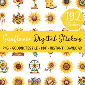 Könnte beinhalten: Ein Set mit 192 digitalen Sonnenblumen-Stickern im PNG- und PDF-Format. Die Sticker zeigen Sonnenblumen, ein Riesenrad, eine Kamera, einen Kompass, eine Musiknote und andere Designs. Der Text "Sunflower Digital Stickers" und "PNG - GOODNOTES FILE - PDF - INSTANT DOWNLOAD" ist im Bild enthalten.