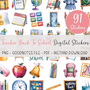 Könnte beinhalten: Ein Set mit 91 digitalen Stickern für Lehrer, mit einer Vielzahl von Illustrationen zum Thema Schulbeginn, darunter ein Globus, ein Kalender, ein Schulhaus, eine Glocke, ein Lineal, ein Willkommensschild und vieles mehr. Die Sticker sind im Aquarellstil gehalten und perfekt, um Ihrem digitalen Planer, Ihren Notizen oder anderen Dokumenten eine Prise Spaß und Persönlichkeit zu verleihen.