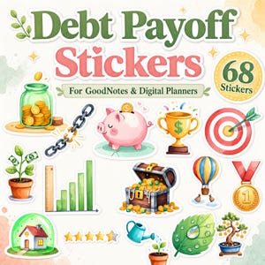 Debt Payoff Digital Stickers Bundle 68 Precropped PNG iPad Stickers Goodnotes Planner Financial Freedom Debt Free Journey Motivational Stickers