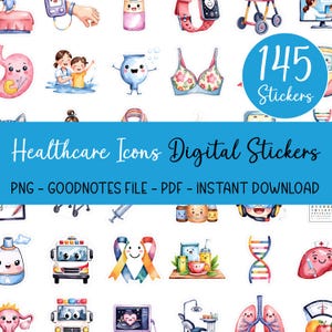 145 Healthcare Stickers Digital Download Bundle Medical Hospital Nurse Doctor Goodnotes Digital Planner PNG Precropped iPad Stickers