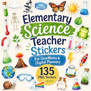 Könnte beinhalten: Eine Sammlung digitaler Aufkleber mit wissenschaftlichen Illustrationen wie einem Mikroskop, Skelett, Schmetterling, Frosch, Vulkan, Erde, Schnecke, Hamster und verschiedenen Laborgeräten mit dem Text Elementary Science Teacher Stickers.