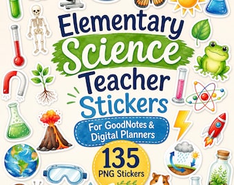 May include: A collection of digital stickers featuring science-themed illustrations including a microscope, skeleton, butterfly, frog, volcano, planet Earth, snail, hamster, and various laboratory glassware with the text Elementary Science Teacher Stickers.