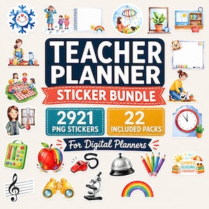 Könnte beinhalten: Ein digitales Sticker-Set für Lehrerplaner mit dem Text TEACHER PLANNER STICKER BUNDLE, 2921 PNG STICKERS, 22 INCLUDED PACKS und For Digital Planners. Die Sammlung enthält verschiedene Illustrationen im Aquarellstil von Schulbedarf, saisonalen Symbolen und Klassenzimmerszenen.