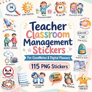Pode incluir: Um conjunto de 115 autocolantes digitais para gestão de sala de aula com ilustrações em aguarela de crianças, animais e material escolar. Cada autocolante inclui textos motivacionais como Always Be Curious, Stay Positive e Be On Time.