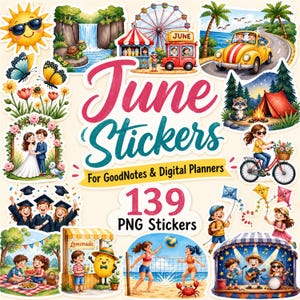 139 Summer Digital Stickers Pack June Goodnotes Planner PNG Transparent Stickers Digital Download iPad Journal Decoration Outdoor Activities
