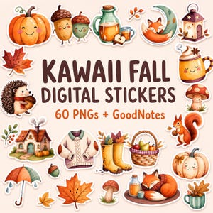 Könnte beinhalten: Eine Sammlung digitaler Aufkleber mit herbstlichen Illustrationen, darunter ein Kürbis, Eicheln, ein Fuchs, eine Laterne, ein Igel, ein Pullover, gelbe Stiefel, ein Obstkorb und Pilze, mit dem Text KAWAII FALL DIGITAL STICKERS 60 PNGs + GoodNotes.