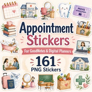 Könnte beinhalten: Eine Sammlung von 161 digitalen Terminstickern für Planer mit Aquarell-Illustrationen von einem Kalender, einer Arztpraxis, Zahnpflege, Kinoticket, Büchern, Badewanne, Werkzeug, Laptop, Tierklinik, Reisegepäck und einer Einkaufstüte.