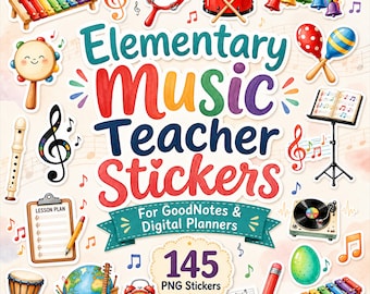 Pacote de adesivos digitais para professor de música no Goodnotes, 145 adesivos PNG para iPad, pré-recortados, para download instantâneo, para ensino de arte e música.