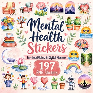 197 autocollants numériques sur la santé mentale à télécharger pour Goodnotes - Pack d'autocollants bien-être et de soins personnels (PNG)