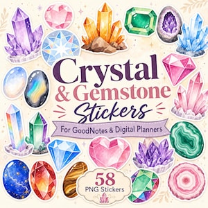 Könnte beinhalten: Eine Sammlung von Aquarell-Aufklebern mit Kristallen und Edelsteinen in verschiedenen Formen und Farben, darunter Violett, Blau, Rosa, Grün und Orange. Der Text lautet Crystal & Gemstone Stickers For GoodNotes & Digital Planners 58 PNG Stickers.
