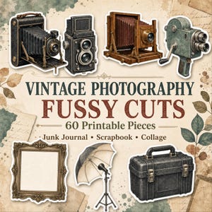 Op de afbeelding: Een verzameling uitknipsels met een vintage fotografie thema, waaronder vier antieke camera's, een decoratieve lijst, een studiolamp met paraplu en een zwarte koffer. De tekst luidt VINTAGE PHOTOGRAPHY FUSSY CUTS 60 Printable Pieces Junk Journal Scrapbook Collage.