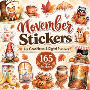 Könnte beinhalten: Eine Sammlung von 165 digitalen Stickern mit herbstlichen Motiven wie Fuchs, Waschbär, Eichhörnchen, Kürbissen, Tee, einem Wichtel, Gummistiefeln und einem Waldweg. Der Text lautet November Stickers For GoodNotes & Digital Planners.