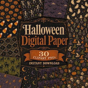 Könnte beinhalten: Eine Sammlung von 30 digitalen Halloween-Papieren mit Kürbissen, Skeletten, Fledermäusen, Geistern, Zaubertränken, Hexenhüten, Spinnennetzen, schwarzen Katzen, Monden, Sternen, Spukhäusern und Totenköpfen mit dem Text Halloween Digital Paper 30 CLIPART PNGS.