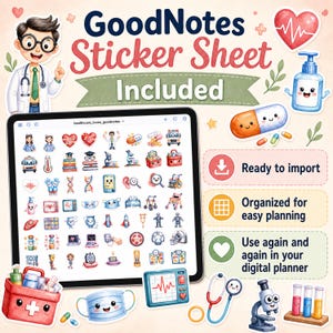 145 Healthcare Stickers Digital Download Bundle Medical Hospital Nurse Doctor Goodnotes Digital Planner PNG Precropped iPad Stickers image 9