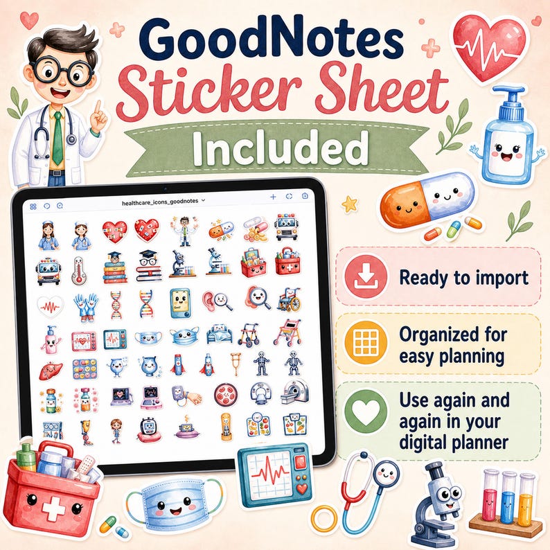 145 Healthcare Stickers Digital Download Bundle Medical Hospital Nurse Doctor Goodnotes Digital Planner PNG Precropped iPad Stickers image 9