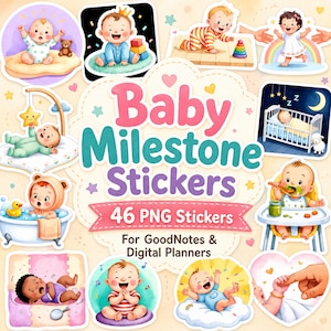 Könnte beinhalten: Eine Sammlung von 46 digitalen Baby-Meilenstein-Aufklebern mit Aquarellillustrationen von Säuglingen bei verschiedenen Aktivitäten wie Baden, Schlafen und Spielen, mit dem Text Baby Milestone Stickers 46 PNG Stickers For GoodNotes & Digital Planners.
