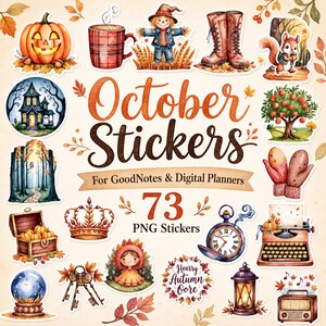 Könnte beinhalten: Eine Sammlung von 73 digitalen Stickern mit herbstlichen Motiven, darunter ein Kürbis, ein karierter Becher, eine Vogelscheuche, Stiefel, ein Eichhörnchen, ein Spukhaus, ein Apfelbaum, Fäustlinge, eine Schatztruhe, eine Krone, eine Taschenuhr, eine Schreibmaschine, eine Kristallkugel, Schlüssel, eine Laterne und ein Radio.