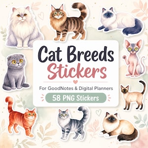 Könnte beinhalten: Eine Sammlung digitaler Katzenaufkleber mit verschiedenen Rassen, darunter eine weiße Perserkatze, eine braune Tabby, eine Siamkatze, eine haarlose Sphynx, eine Scottish Fold, eine orangefarbene Tabby und eine graue Tabby. Der Text lautet Cat Breeds Stickers.