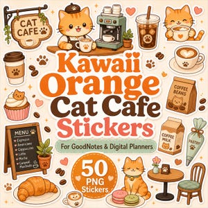 Könnte beinhalten: Eine Sammlung von 50 digitalen Stickern mit orangefarbenen Katzen in einem Café, darunter Kaffeemaschinen, Tassen, Gebäck, eine Menütafel mit dem Text Kawaii Orange Cat Cafe Stickers und Kaffeetüten mit der Aufschrift Coffee Beans und Coffee Milk.