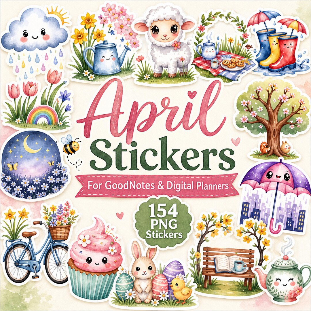 154 April Digital Stickers Bundle Goodnotes PNG Download Spring Garden ...