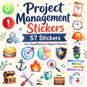 Könnte beinhalten: Eine Sammlung von 57 digitalen Aufklebern für das Projektmanagement mit Aquarellillustrationen von Uhr, Sanduhr, Schutzhelm, Zielscheibe, Tortendiagramm, Schild, Ampel, Schraubenschlüssel, Schraubendreher, Schatztruhe und Feuer auf cremefarbenem Grund.