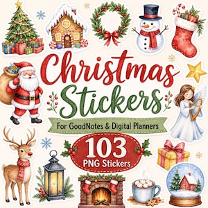 Peut inclure: Un ensemble de 103 autocollants numériques PNG sur le thème de Noël comprenant un sapin décoré, une maison en pain d'épices, une couronne, un bonhomme de neige, une chaussette, le Père Noël, un ange, un renne, une lanterne et un globe de neige.