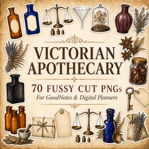 Victorian Apothecary Stickers, Dark Academia PNG Stickers for GoodNotes, Vintage Botanical Digital Planner Decor