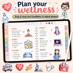 May include: A digital planner displayed on a tablet screen featuring a weekly wellness schedule with checkboxes, watercolor illustrations of health-related icons, a doctor character, and a stylus. Decorative stickers include an ambulance, heart, pills, microscope, stethoscope, and medical kit.