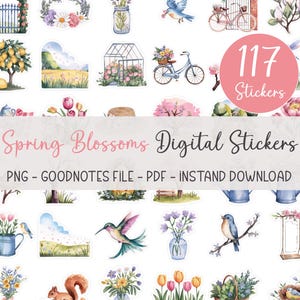 May include: A set of 117 digital stickers featuring watercolor illustrations of spring flowers, birds, bicycles, and other nature-themed designs. The stickers are perfect for adding a touch of spring to planners, journals, and other digital projects.