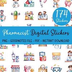 以下が含まれることがあります： 薬剤師、薬瓶、錠剤、その他の薬局関連のアイテムを描いたイラストが174個入ったデジタルステッカーセットです。ステッカーは水彩画風で、デジタルプランナー、ノート、その他のデジタルドキュメントでの使用に最適です。