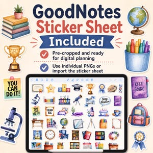 May include: A digital sticker sheet for GoodNotes featuring various educational and school-themed illustrations like books, a globe, a trophy, a microscope, and a backpack. The sheet includes pre-cropped PNGs for digital planning.